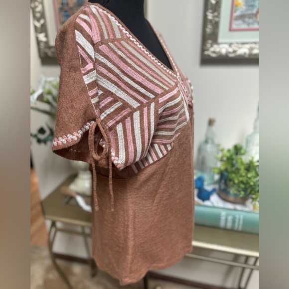 SAVANNA JANE BROWN & PINK BABYDOLL HIGH-LOW EMBROIDERED V-NECK CASUAL TOP SZ S - Picture 6 of 11